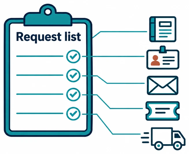 A clipboard titled Request list with five ticked lines, each joined by a thin line to the record that answers it