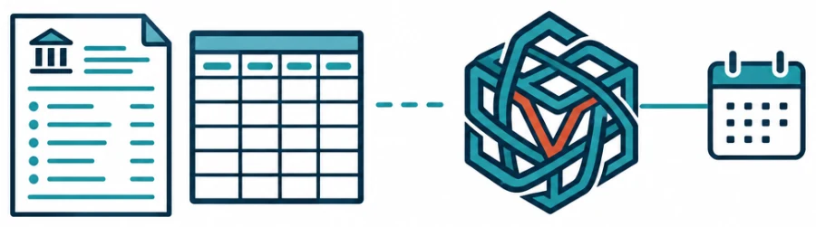 A bank statement and a forecast spreadsheet on the left, a dashed gap, and the knot with a calendar on the right