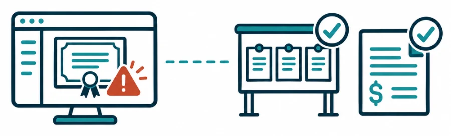 A certificate with a warning on a tracker’s screen, dashed to a tender board and an invoice that both show as cleared