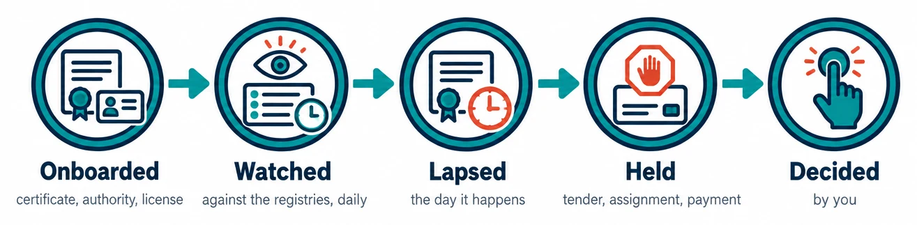 Five steps: Onboarded (certificate, authority, license), Watched (against the registries, daily), Lapsed (the day it happens), Held (tender, assignment, payment), Decided (by you)